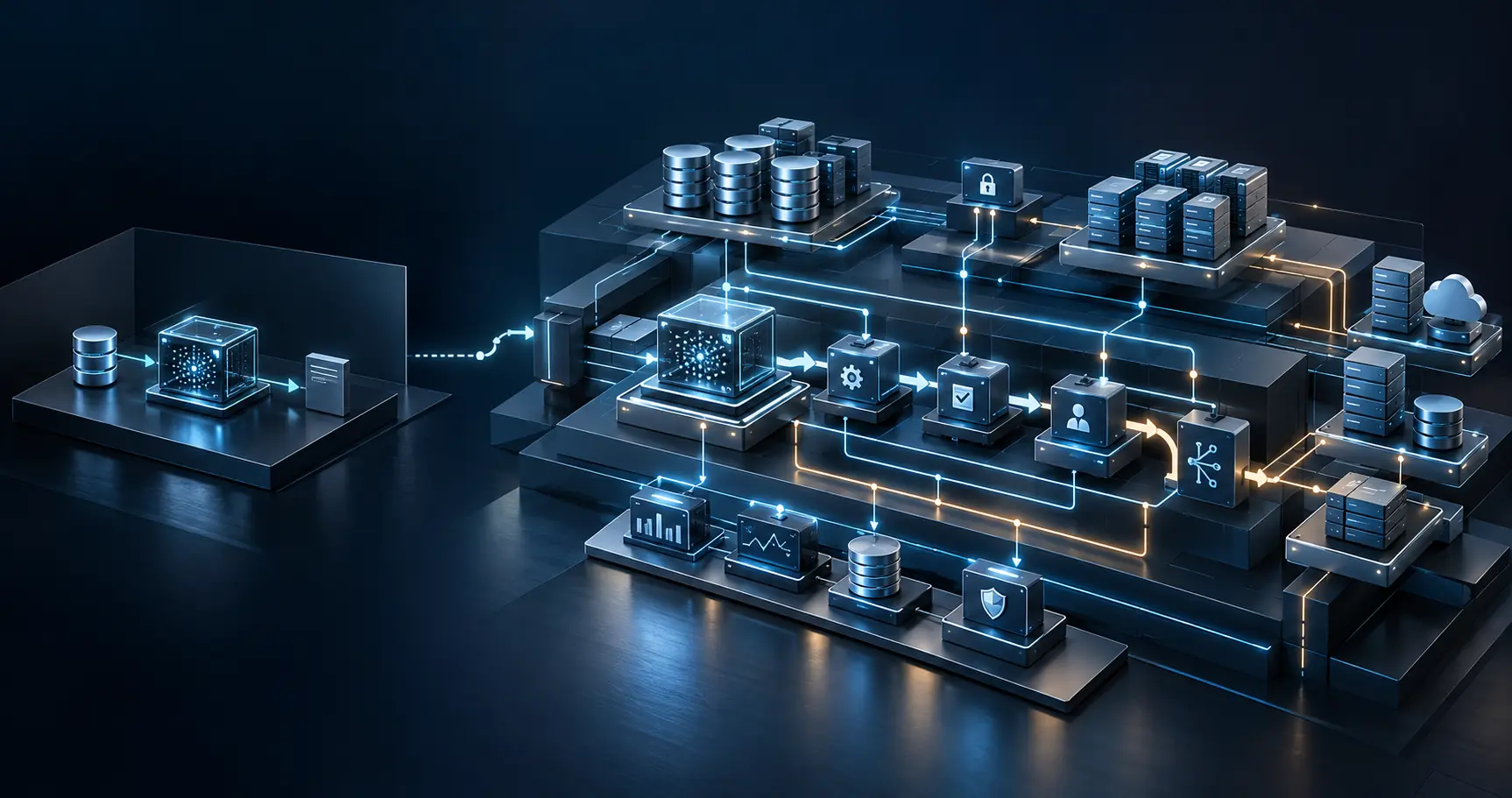 Production AI architecture connecting data, workflows, monitoring, controls and human oversight