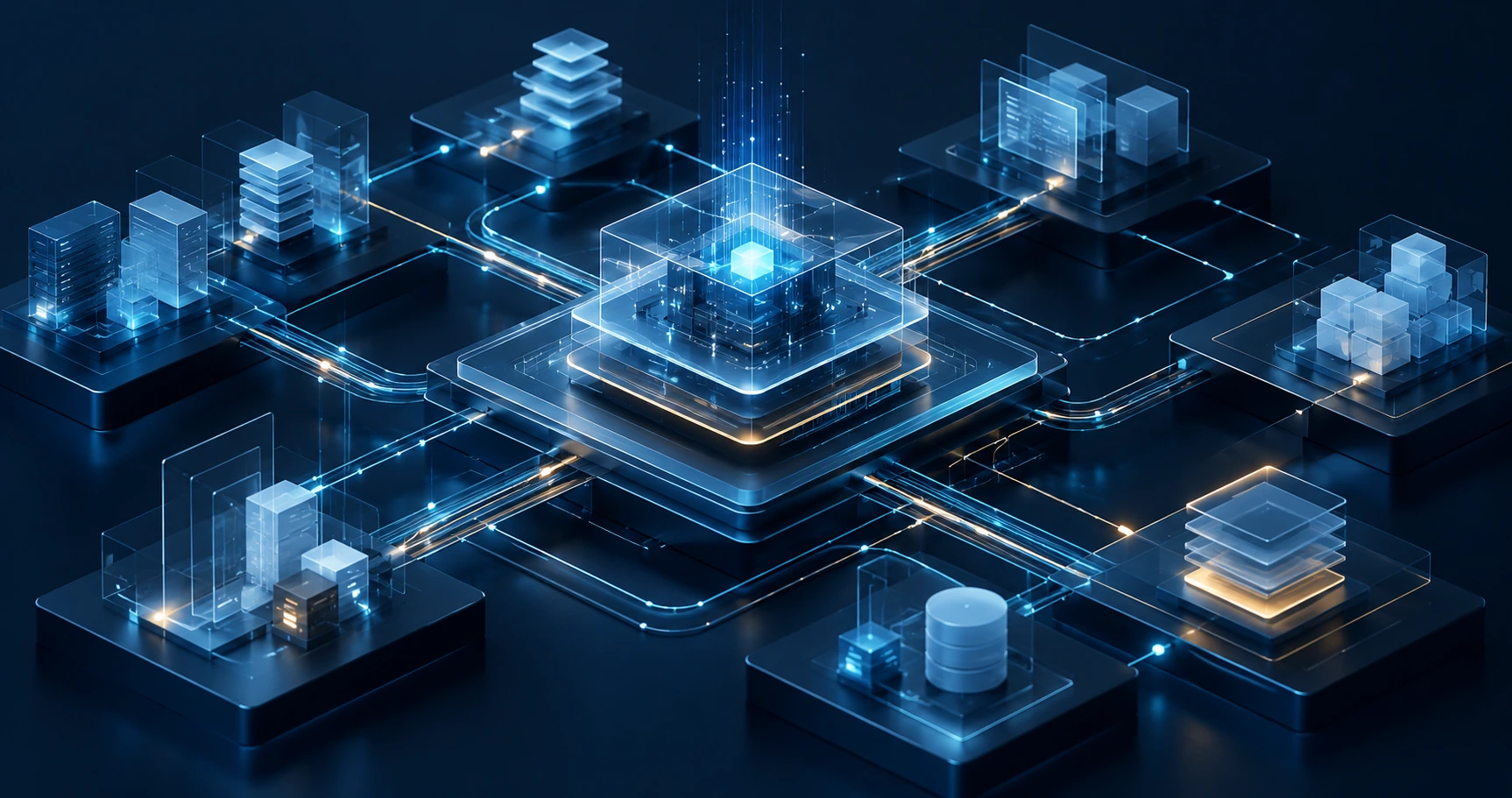 Layered architecture connecting AI services to business data, applications and workflows